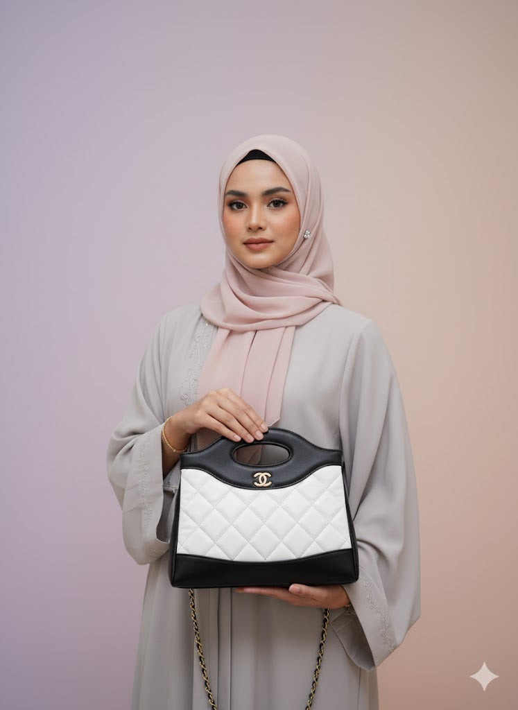 CHANEL Women’s Quilted Leather Handbag – Beige & Black Designer Purse | Luxury Fashion Bag Dubai